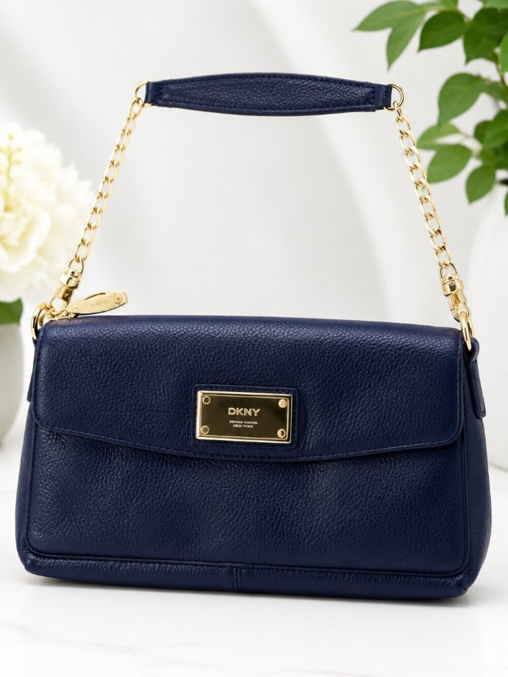DKNY Navy Blue Pebbled Leather Shoulder Bag Gold Chain Handbag